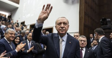President Recep Tayyip Erdoğan greets supporters as he arrives for the Justice and Development Party (AK Party) parliamentary group meeting, Ankara, Türkiye, March 26, 2025. (AA Photo)
