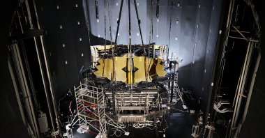 NASA’s James Webb Space Telescope sits inside Chamber A at NASA’s Johnson Space Center in Houston after having completed its cryogenic testing on Nov. 18, 2017. (AP Photo)