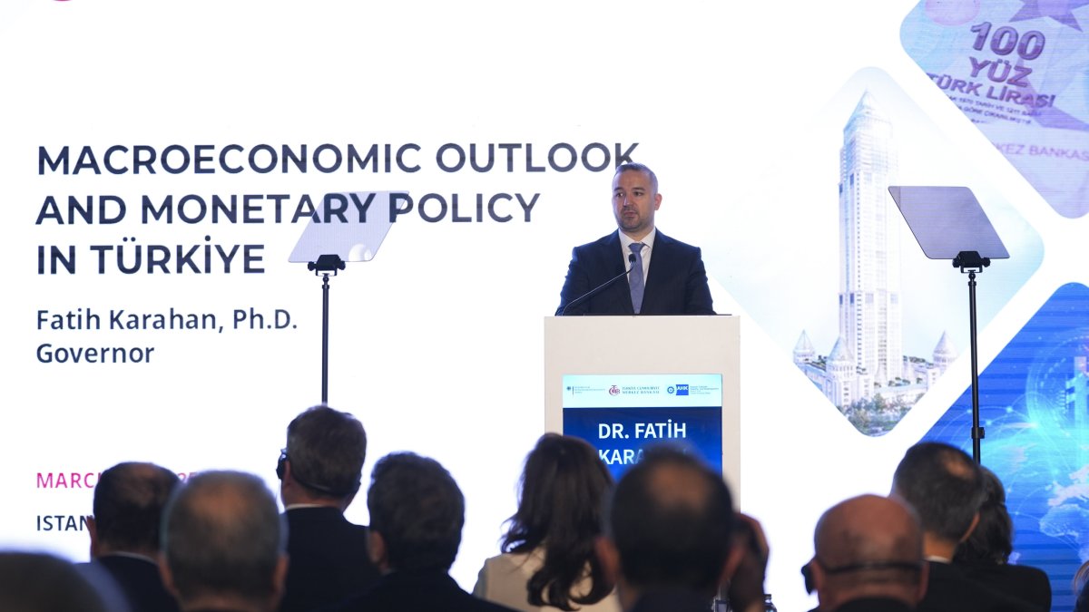 Fatih Karahan, governor of the Central Bank of the Republic of Türkiye (CBRT), delivers a speech at an event in Ankara, Türkiye, March 26, 2025. (AA Photo)