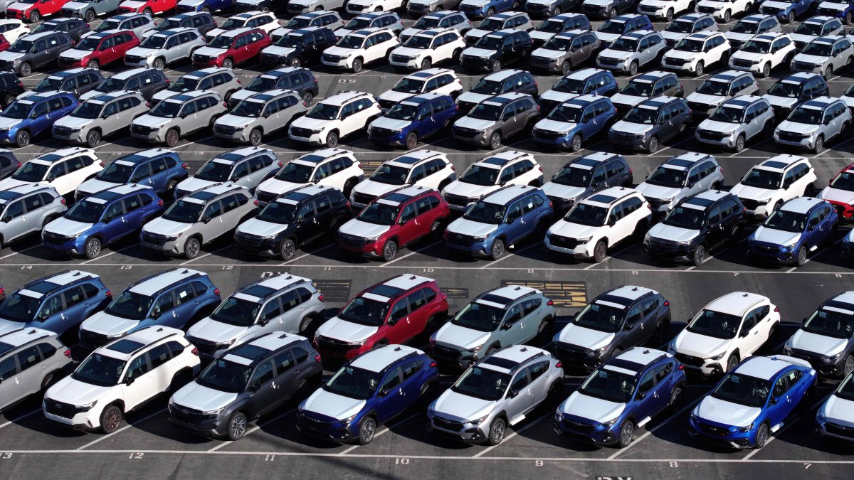 In an aerial view, Japan&#039;s brand-new Subaru cars sit in a storage lot at Auto Warehouse Co., Richmond, California, U.S., March 24, 2025. (AFP Photo)