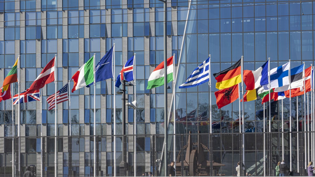 A flag-raising ceremony commences as NATO adds Finland, Brussels, Belgium, April 4, 2023 (Reuters Photo)