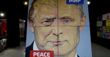 An artwork titled "The Peace" (2017) by Russian artist Alexey Sergienko showing Russian President Vladimir Putin and U.S. President Donald Trump is once again on display at the artist&#039;s gallery, St. Petersburg, Russia, March 12, 2025. (EPA Photo)