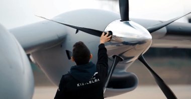 An undated photo of a Bayraktar Akıncı attack unmanned aerial vehicle, developed by Baykar, that successfully completed its performance test flight with Aselsan&#039;s Murad Aesa radar, Ankara, Türkiye. (DHA Photo)