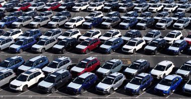 In an aerial view, Japan&#039;s brand-new Subaru cars sit in a storage lot at Auto Warehouse Co., Richmond, California, U.S., March 24, 2025. (AFP Photo)