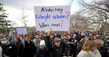 Demonstrators take part in the &quot;Stand with Rumeysa Öztürk&quot; protest, Somerville, Massachusetts, U.S., March 26, 2025. (Reuters Photo)