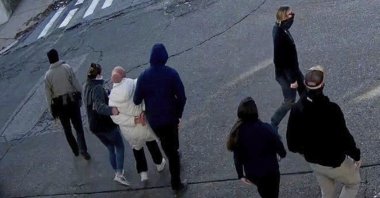 In this image taken from security camera video, Rümeysa Ozturk is detained by Department of Homeland Security agents, Somerville, Massachusetts, U.S., Mar. 26, 2025. (AP Photo)