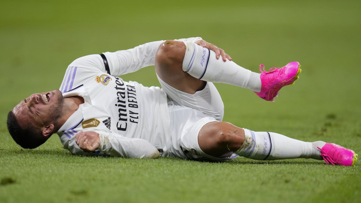Real Madrid&#039;s Eden Hazard grimaces in pain during a La Liga match against Getafe at the Santiago Bernabeu stadium, Madrid, Spain, May 13, 2023. (AP Photo)