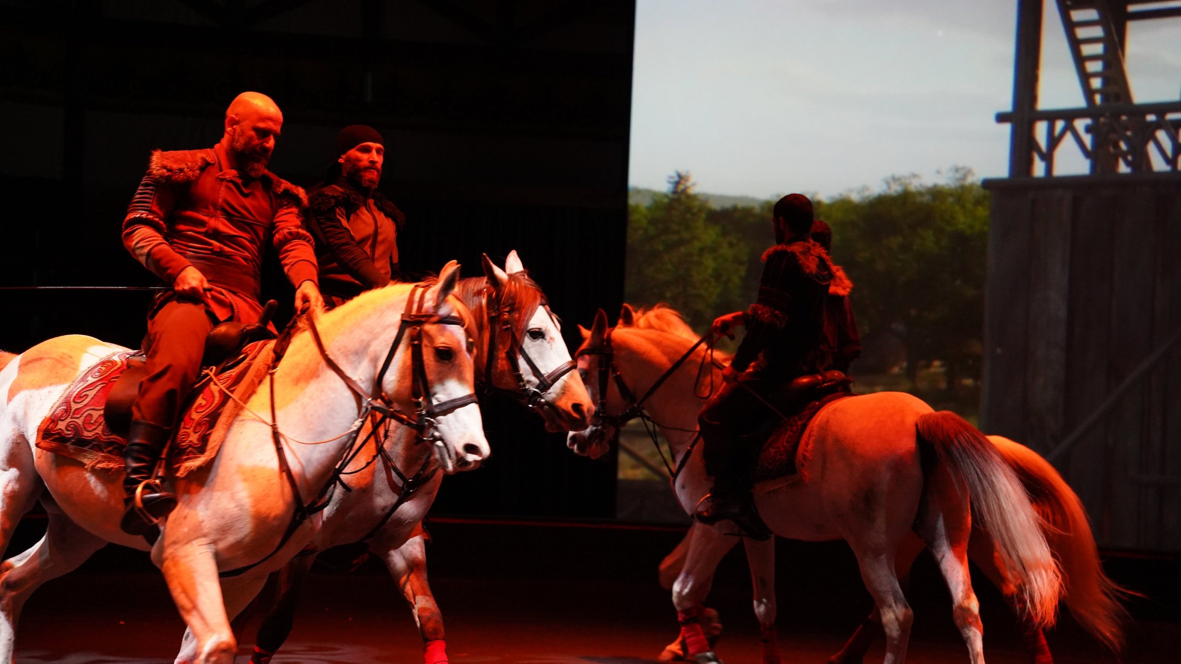 The skilled acrobat team from Bozdağ Film performs in the "Epic of Horses" show, Istanbul, Türkiye, March 28, 2025. (AA Photo)