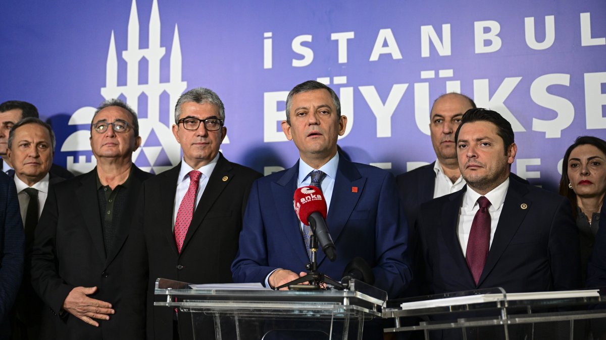 Main opposition Republican People&#039;s Party (CHP) Chairperson Özgür Özel attends a news conference at the Istanbul Metropolitan Municipality (IBB) building, Istanbul, Türkiye, March 22, 2025. (AA Photo)