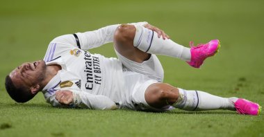 Real Madrid&#039;s Eden Hazard grimaces in pain during a La Liga match against Getafe at the Santiago Bernabeu stadium, Madrid, Spain, May 13, 2023. (AP Photo)