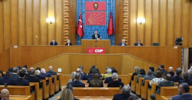 Main opposition Republican People's Party (CHP) Chairperson Özgür Özel delivers a speech at his party's group meeting, Ankara, Türkiye, March 27, 2025. (AA Photo)
