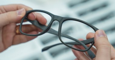 A sunglasses frame made of the retrieved ghost nets is seen at a production center, Istanbul, Türkiye, March 27, 2025. (AA Photo)