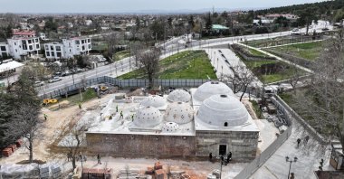An aerial view of the historic Karamanoğlu Mehmet Bey Hammam, Konya, Türkiye, March 27, 2025. (AA Photo)