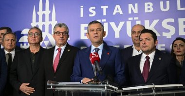 Main opposition Republican People&#039;s Party (CHP) Chairperson Özgür Özel attends a news conference at the Istanbul Metropolitan Municipality (IBB) building, Istanbul, Türkiye, March 22, 2025. (AA Photo)