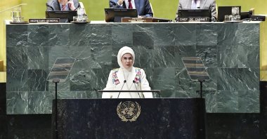 First lady and U.N. High-Level Advisory Council on Zero Waste Chair Emine Erdoğan delivers a speech during a Zero Waste U.N. event, New York City, U.S., March 28, 2025. (AA Photo)