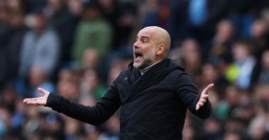 Manchester City manager Pep Guardiola reacts during the Premier League match against Brighton &amp; Hove Albion at Etihad Stadium, Manchester, U.K., March 15, 2025. (Reuters Photo)