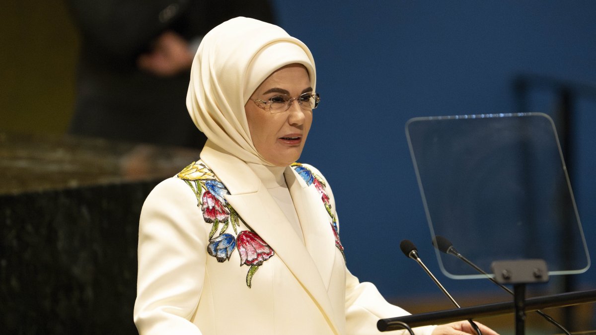 First lady Emine Erdoğan delivers the keynote at the U.N. General Assembly’s special event on "March 30 International Zero Waste Day," focusing on sustainable fashion and textiles, New York, U.S., March 27, 2025. (AA Photo)