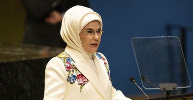 First lady Emine Erdoğan delivers the keynote at the U.N. General Assembly’s special event on "March 30 International Zero Waste Day," focusing on sustainable fashion and textiles, New York, U.S., March 27, 2025. (AA Photo)