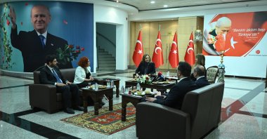Members of the Nationalist Movement Party (MHP) and Peoples’ Equality and Democracy Party (DEM Party) are seen at the MHP headquarters, Ankara, Türkiye, March 31, 2025 (AA Photo)