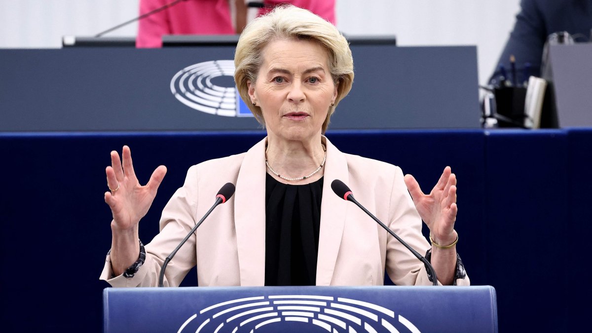 European Commission President Ursula von der Leyen speaks during a debate at the European Parliament in Strasbourg, eastern France, April 1, 2025. (AFP Photo)