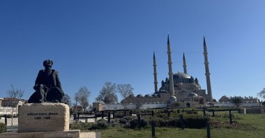 The Selimiye Mosque and the statue of architect Mimar Sinan, Edirne, Türkiye, March 21, 2025. (AA Photo)