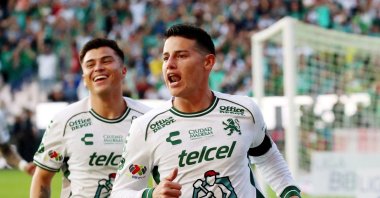 Leon&#039;s James Rodriguez celebrates scoring during the Liga MX match against Juarez at the Estadio Leon, Leon, Mexico, Jan. 25, 2025. (Reuters Photo)