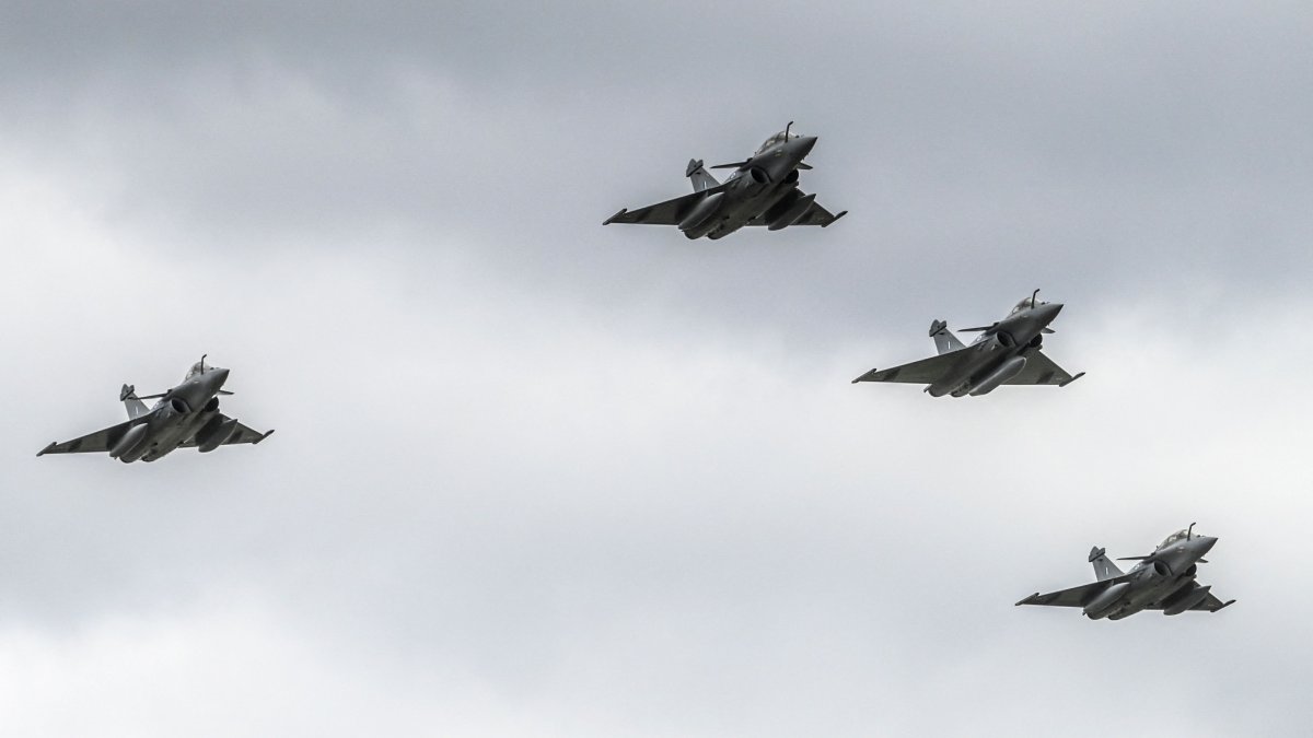 Four Rafale jet fighters fly over the Tanagra military air base, north of Athens, Greece, Jan. 19, 2022. (AFP Photo)
