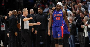 Detroit Pistons Isaiah Stewart reacts after a fight against the Minnesota Timberwolves during the second quarter at Target Center, Minneapolis, U.S., March 30, 2025. (Reuters Photo)