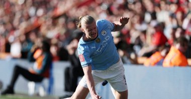 Manchester City's Erling Haaland falls during the FA Cup quarterfinals match against AFC Bournemouth at the Vitality Stadium, Bournemouth, U.K., March 30, 2025. (Reuters Photo)