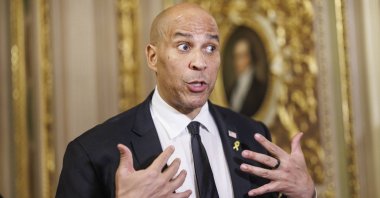 U.S. Sen. Cory Booker (Democrat of New Jersey) speaks to the media off the Senate floor after completing a record-breaking 25-hour, 5-minute filibuster in opposition to U.S. President Trump&#039;s agenda in Washington, D.C., U.S., April 1, 2025. (EPA Photo)