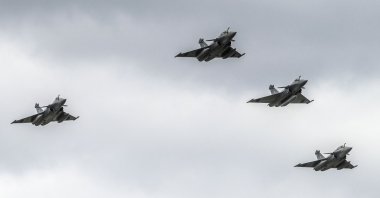 Four Rafale jet fighters fly over the Tanagra military air base, north of Athens, Greece, Jan. 19, 2022. (AFP Photo)