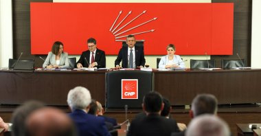 Özgür Özel (C), head of the Republican People&#039;s Party (CHP), chairs the CHP party assembly meeting held at the party&#039;s headquarters, Ankara, Türkiye, March 27, 2025.