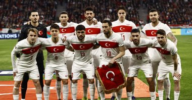 Turkish national team players pose for a photo before the UEFA Nations League Division A playoff second leg match against Hungary at Puskas Arena, Budapest, Hungary, March 23, 2025. (IHA Photo)