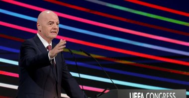 President of FIFA Gianni Infantino addresses the audience during the 49th UEFA ordinary Congress held at the &quot;Sava Centar” congress center, Belgrade, Serbia, April 3, 2025. (AFP Photo)
