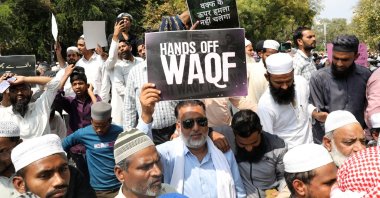 Protesters demonstrate against the Waqf Amendment Bill, at Jantar Mantar in New Delhi, India, March 17, 2025. (EPA Photo)