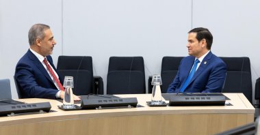 Foreign Minister Hakan Fidan and U.S. Secretary of State Marco Rubio hold a meeting in Brussels, April 3, 2025. (AA Photo)