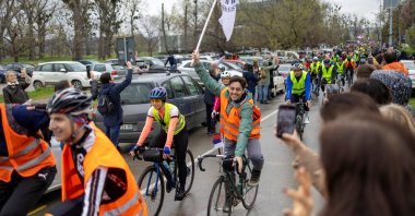 Students ride bicycles as they set off on a 1,300-kilometer bike ride to Strasbourg aiming to raise awareness within European Union institutions about months of anti-government protests, in Novi Sad, Serbia, April 3, 2025. (Reuters Photo)