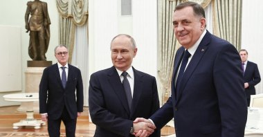 Russian President Vladimir Putin shakes hands with Bosnian Serb leader Milorad Dodik during a meeting at the Kremlin in Moscow, Russia, April 1, 2025. (Reuters Photo)