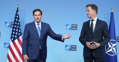NATO Secretary-General Mark Rutte (R) and U.S. Secretary of State Marco Rubio hold a joint statement during a meeting of NATO Ministers of Foreign Affairs at NATO's headquarters in Brussels, Belgium, April 3, 2025. (AFP Photo)