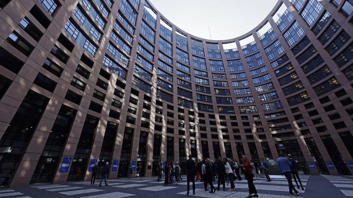 A view of the Atrium of the main building of the European Parliament, Strasbourg, France, April 2, 2025. (EPA Photo)