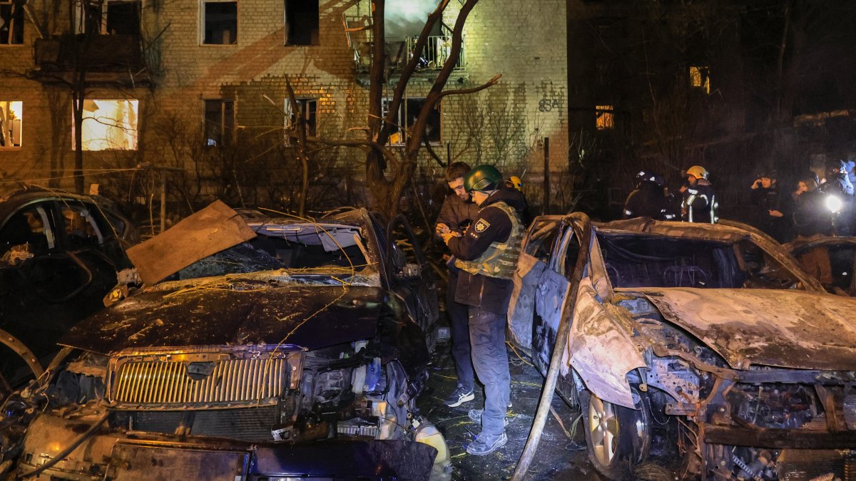 Ukrainian rescuers work at the site of a drone attack amid the ongoing Russian invasion, Kharkiv, Ukraine, April 3, 2025. (EPA Photo)