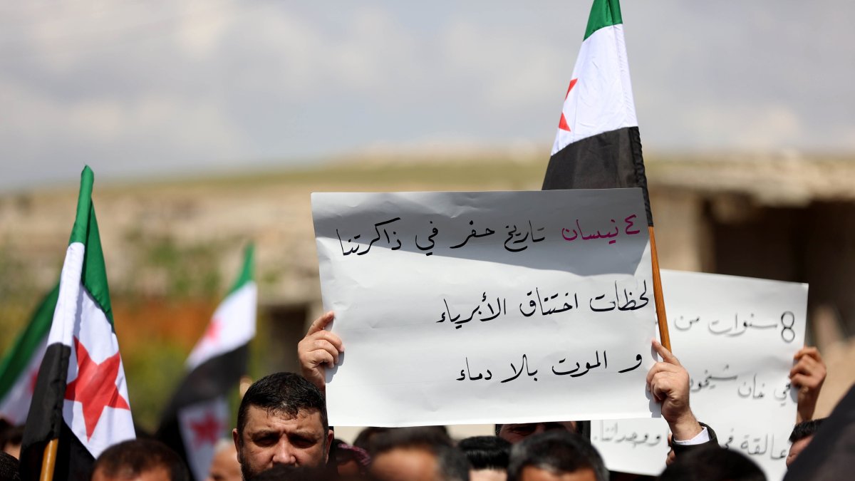 Relatives and loved ones of the victims killed in Assad regime&#039;s chemical attack in Khan Sheikhoun attend a protest, urging justice, April 4, 2025. (AA Photo)