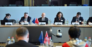 Treasury and Finance Minister Mehmet Şimşek (C) during the Türkiye-EU High-Level Economic Dialogue, Brussels, Belgium, April 3, 2025. (AA Photo)