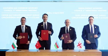 Energy and Natural Resources Minister Alparslan Bayraktar (2nd L), Azerbaijan&#039;s Energy Minister Parviz Shahbazov (2nd R), Bulgaria’s Energy Minister Zhecho Stankov (L) and Georgia&#039;s Deputy Minister of Economy Vakhtang Tsintsadze after signing a deal under the “Green Electricity Transmission and Trade Project,” in Baku, Azerbaijan, April 4, 2025. (AA Photo)