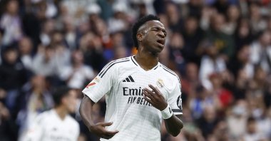 Real Madrid&#039;s Vinicius Junior reacts after missing a penalty kick during the La Liga match against Valencia at the Santiago Bernabeu, Madrid, Spain, April 5, 2025. (Reuters Photo)