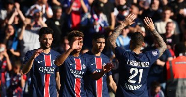 Paris Saint-Germain&#039;s Desire Doue (2nd L) celebrates scoring during the Ligue 1 match against Angers at Parc des Princes, Paris, France, April 5, 2025. (Reuters Photo)