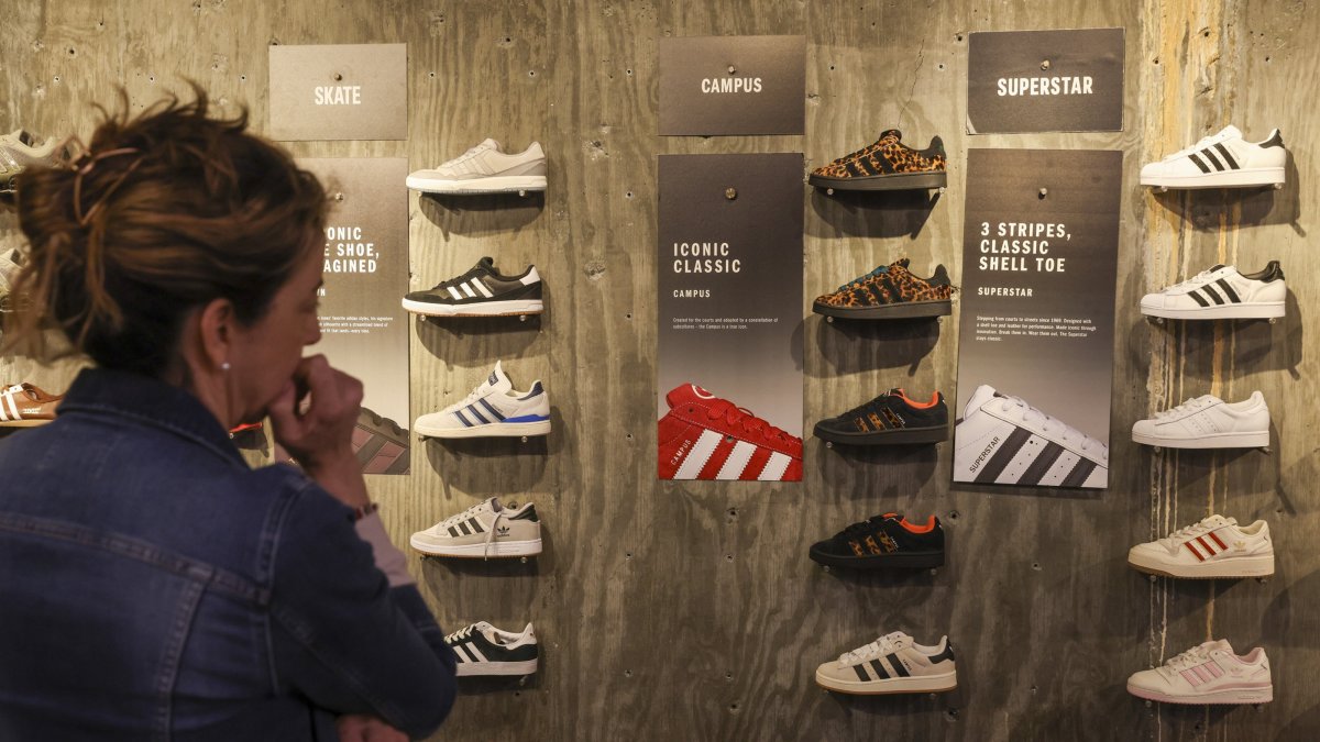 People browse sneakers at the Adidas store on Fifth Avenue, New York, New York, U.S., April 4, 2025. (EPA Photo)