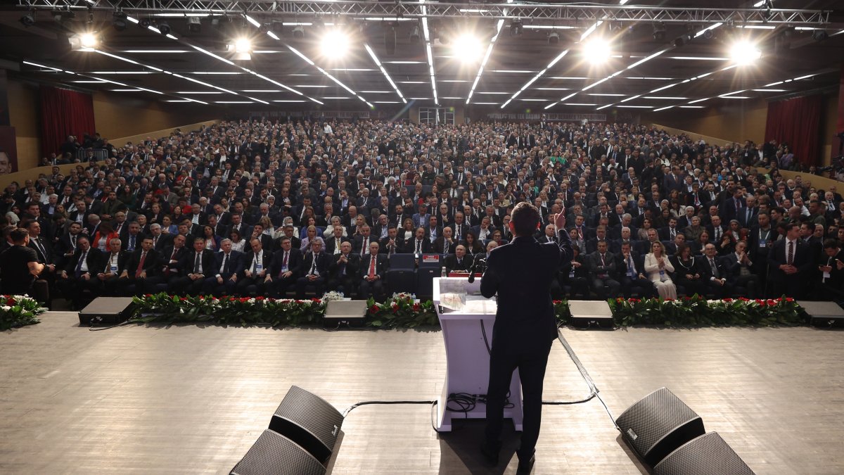 CHP Chair Özgür Özel speaks at the convention before the election, Ankara, Türkiye, April 6, 2025. (DHA Photo)