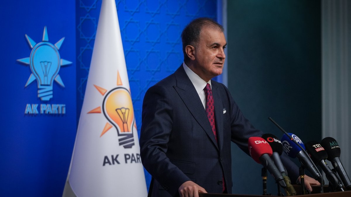 AK Party Deputy Chair and spokesperson Ömer Çelik speaks at a news conference at the party&#039;s headquarters, Ankara, Türkiye, March 20, 2025. (AA Photo)