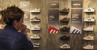 People browse sneakers at the Adidas store on Fifth Avenue, New York, New York, U.S., April 4, 2025. (EPA Photo)